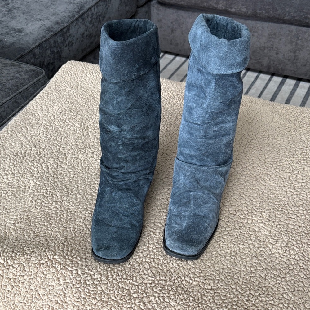 Chic Blue Suede Wedge Boots